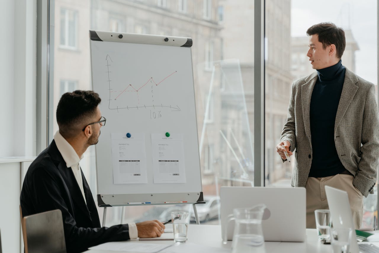 Professionals discussing a business chart in a modern office.